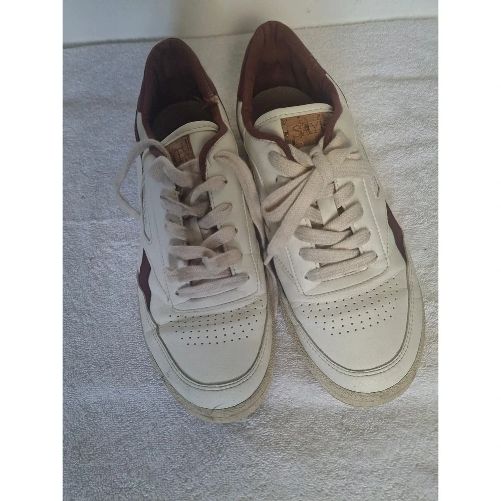 Saye Modelo '89 Vegan Leather Sneakers Cream Burgundy Low Top Mens 7.5 Womens 9